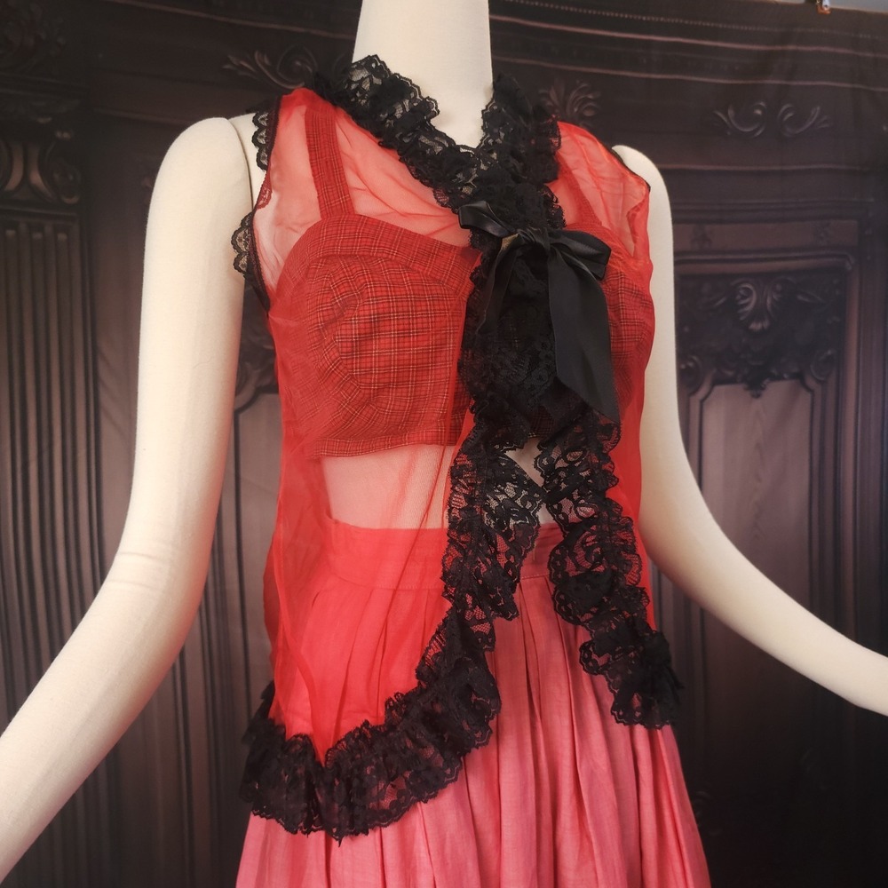 1960s 70s Red Sheer Mesh Top w/Black Lace Trim Lingerie Jacket W/ Ribbon Bow